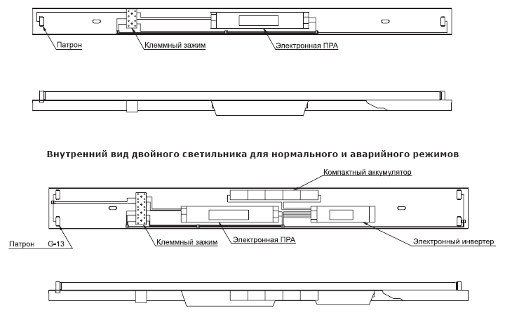 Внутренний вид одинарного светильника для нормального режима