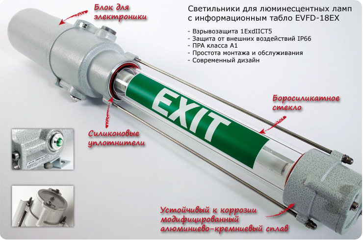 Взрывозащищенные светильники для люминесцентных ламп c информационным табло и Ni-Cd аккумулятором серии EVFD-18EX